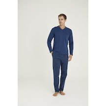 Kly Premium Erkek V Yaka Cepli %100 Pamuklu 4 Mevsim Kumaş Uzun Kollu Rahat Kalıp Pijama Takım İndigo