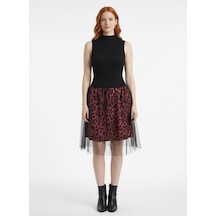 Neden Tekstil Kadın Triko Slim Fit Tül Etekli Mini Elbise - Siyah-kırmızı Kırmızı - Siyah