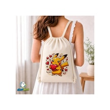 Ghostbastır Design Pikachu Büzgülü Keten Çanta C234 Bej
