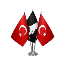 Masa Üstü Siyah Göktürk Bayrağı Türk Bayrağı Üçlü Krom Direk Masa