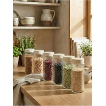 Cam Saklama Kabı Seti, Krem Plastik Kapaklı, 1350 Ml, 9cm X 20cm, 6'li Set