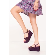 Gondol Kadın Hakiki Deri Dolgu Topuk Platform Sandalet Ell.5044 Mor