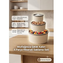 4 Parça Kapaklı İç İçe Geçebilen Erzak Ve Mutfak Saklama Kabı Seti - Krem / Gri Oluklu Desen 550ml, 1000ml, 1800ml, 3000ml Çizgili Tasarım Mutfak Düzenleyici Set