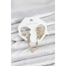 Tua Moda Pirinç Gold Renk Sarmal Model Zincir Bağlantılı Ear Cuff Küpe Seti Çok Renkli