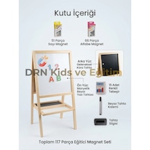 Drnkidsveeğitim Manyetik Çift Taraflı Yazı Tahtası 117 Parça Magnet,15 Renkli Tebeşir Silgi Ve Kalem Ahşap
