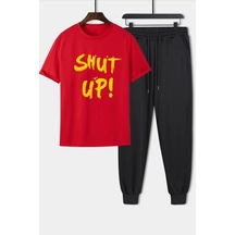 Uyguntarz Unisex Shut Up Baskılı 2'li Eşofman Takımı Kırmızı