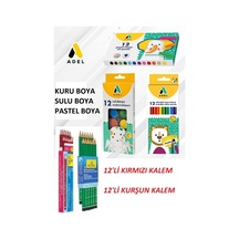 Adel Kırtasiye Seti 12'li Kuru Boya Sulu Boya Pastel Boya Kurşun Kalem Kırmızı Kalem Karışık