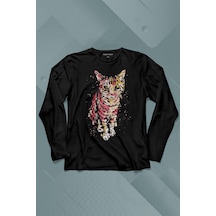 Sevimli Masum Rengarenk Kedi Çizim Silüeti Uzun Kollu Tişört Baskılı Çocuk T-shirt 001