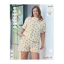 Aydoğan Kadın %100 Pamuk Dondurma Desenli Büyük Beden Sarı Kısa Kollu Şortlu Pijama Takımı Bej