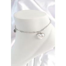 Nova Bazaar 316l Çelik Gümüş Renk Zincir Model 3d Kalp Beyaz Kalp Figür Kadın Halhal Gümüş