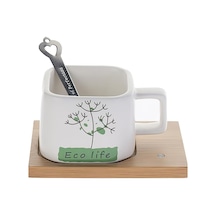 Hayat Ağacı Desenli Mıknatıslı Bambu Stantlı Gerçek Seramik Kahve Kupası Fincan Seti Kupa Mug 200 Ml 001