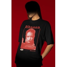 Sevbano Tasarım Rihanna Şarkıcı Baskılı Unisex Oversize Tişört Siyah
