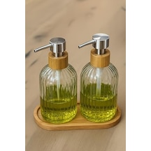 Zbern 2 Li Cam Sıvı Sabunluk Seti Füme Renk, 300 Ml Şeffaf Cam Gövde, Doğal Bambu Başlık Ve Stand Modern Pompalı Dispenser Banyo, Mutfak Ve Lavabo Üstü Kullanım İçin Uygun 000 Açık Krem