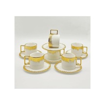 Çizgili Gold Porselen Kahve Fincan 12 Parça & 6 Kişilik Altın