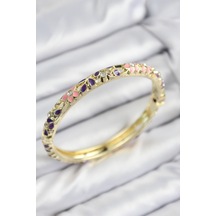 Mineli Pirinç Zirkon Taşlı Pembe Mor Çiçek Motifli Gold Kadın Kelepçe Çok Renkli