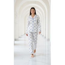 Divinus Tavşan Desenli Gömlek Yakalı Beyaz/mavi Kadın Pijama Takımı Beyaz - Mavi