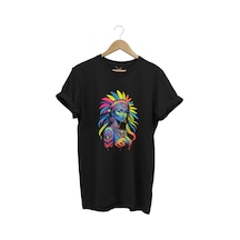 Renkli Kızılderili Baskılı %100 Pamuk Regular Fit Bisiklet Yaka Siyah T-shirt Siyah