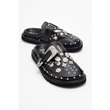 Luvishoes Luvi Shoes Maril Siyah Cilt Hakiki Deri Kemerli Tokalı Burnu Kapalı Kadın Terlik Siyah