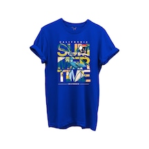 California Summertime Ve Tropikal Papağan Ve Palmiye Desenli %100 Pamuk Regular Fit Unisex T-shirt Mavi