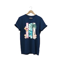 Summer Vibes Yaz Temalı Kokteyl, Palmiye Ve Deniz Desenli %100 Pamuk Regular Fit T-shirt Lacivert