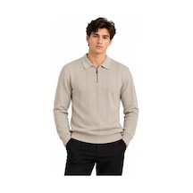 Erkek Fitilli Polo Yaka Fermuarlı Örme Triko Kazak 27151 Bej