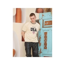 Erkek Bisiklet Yaka Tişört Nakış İşlemeli Kısa Kol Oversize T-shirt - Bej