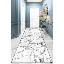 Marble Beyaz Yolluk Halı Djt  Yıkanabilir,Kaymaz Tabanlı Kesme Rulo Halı Yolluk Beyaz
