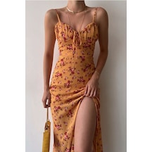 Munora Butik Askılı Midi Boy Göğüsü Drapeli Çiçek Desenli Yırtmaçlı Kadın Hardal Elbise Hardal Hardal