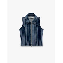 Koton Pamuklu Rahat Kalıp Kolsuz Klasik Yaka Fermuarlı Denim Yelek Koyu İndigo 6sal20004md