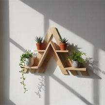Deconcept Doğal Ahşap Üçgen Dağ Figürlü Duvar Rafı - 4 Bölmeli Saksılık Kitaplık Çiçeklik 60x50 Cm Bej