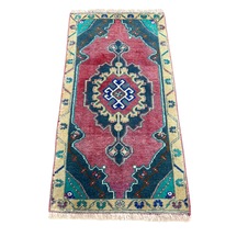 El Dokuma Vintage Halı Yastık 47x92 Mor Yeşil Yün Eskitme Mor