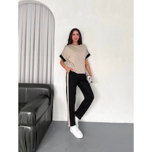 Defymoda Kadın Modal Dokulu Kumaş Yanı Şeritli Takım Siyah-krem