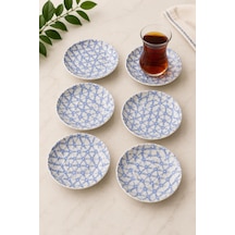 6 Lı Porselen Çay Tabağı, Porselen Çay Tabak Geometrik Desen Mavi