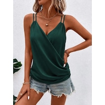DefyModa Kadın Askılı Kruvaze Yakalı Pile Detaylı Sandy Bluz Zümrüt
