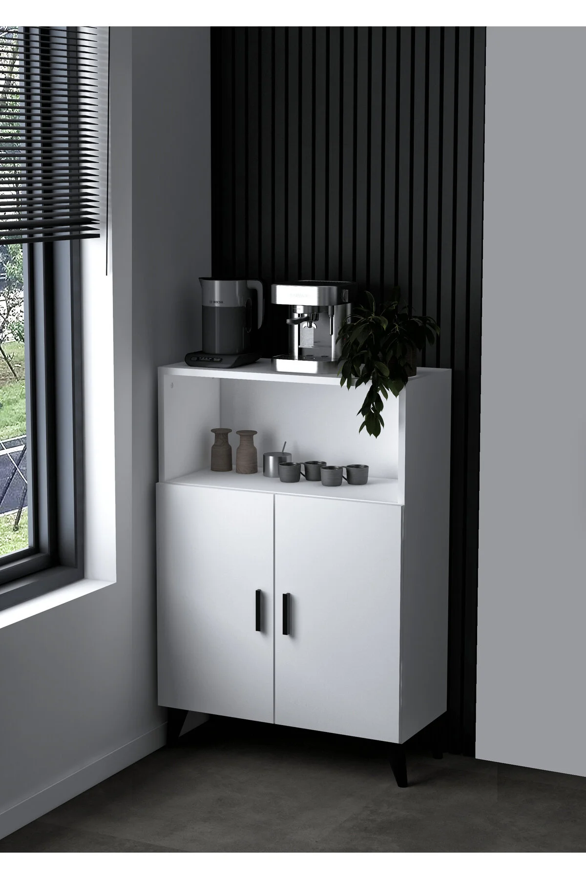 Mini Kahve Köşesi Beyaz- 2 Kapaklı Yüksek Ayaklı Raflı Çok Amaçlı Dolap Banyo Kiler Mutfak Dolabı