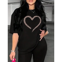 Kadın Kalp Baskılı T-shirt Kısa Kol Bisiklet Yaka Oversize Tişört - Siyah