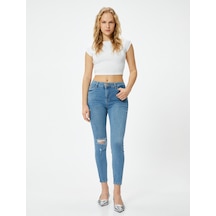 Koton Dar Kesim Yüksek Bel Kot Pantolon Yıpratmalı Esnek Cepli Pamuklu - Carmen Skinny Jeans Açık İndigo 4sal40060md Açık İndigo