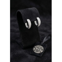 925 Ayar Gümüş Rodyum Renk Zirkon Taşlı Oval Formlu Üç Sıra Huggie Halka Küpe - Küçük Rze10373