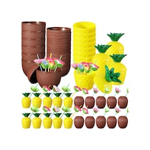 Tropikal - 716 - Parti Bardak Seti Ananas Ve Hindistan Cevizi Şekilli Pipetli Bardaklar - Edntrend - 20 Adet