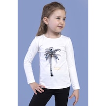 Toontoy Kids Toontoy Kız Çocuk Palmiye Baskılı Pul İşlemeli Tişört Ekru