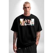 Bleach Anime Pamuklu Bisiklet Yaka Unisex Oversize Boyfriend Dijital Baskılı Siyah T-shirt Siyah