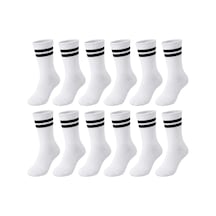 Womanandkids Wak Unisex Beyaz Çorap Siyah Çizgili 12'li Set Uzun Soket Günlük Spor Kolej Stil Kadın Erkek Çorabı