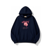 Herkesemoda Pembe Çiçek Baskılı Kapüşonlu 2 İplik Şardonlu Sweatshirt Lacivert
