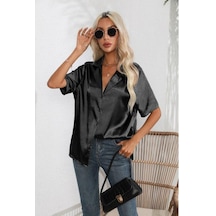 Kısa Kollu Gömlek Yaz Katı Saten Ipek Gömlek Düğme Yukarı Bluz Gevşek Ofis Kadın Blusas Casual Gömlek Tops Zarif 26107 Siyah