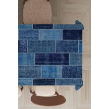 Mavi Patchwork Dokuma Leke Tutmaz Masa Örtüsü Mso297n11