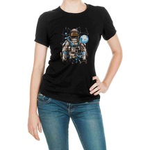 Astronot Uzay Karışık Baskılı Siyah Kadın Tshirt
