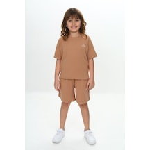 Toontoy Kids Toontoy Kız Çocuk Göğsü Yazı Baskılı Şortlu Takım Kahve
