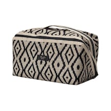 Desenli Büyük Makyaj Ve Saç Düzleştirici Çantası 38x16x16 Cm Siyah-bej Fermuarlı Organizer