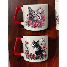 Çiçekli Tatlı Kedi Baskılı 2'li Kahve Bardağı Seramik Kupa - Seramik Çay, Kahve Hediyelik Bardağı Beyaz