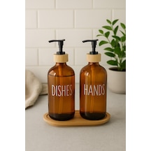 Amber Cam İkili Sıvı Sabunluk Seti 500 Ml Bambu Altlıklı Sarı